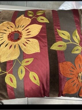 Pier 1 Burgundy, Gold, Orange & Brown Embroidered Floral Accent Pillow